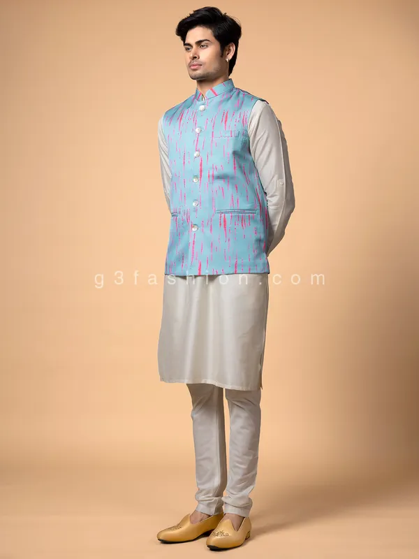 Pink and sky blue shibori print waistcoat set