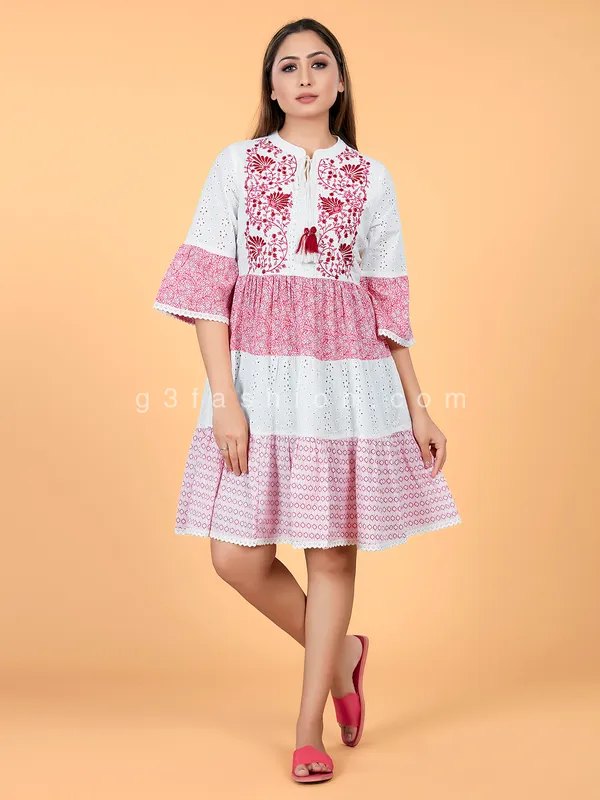 Pink and white cotton causal wear kurti