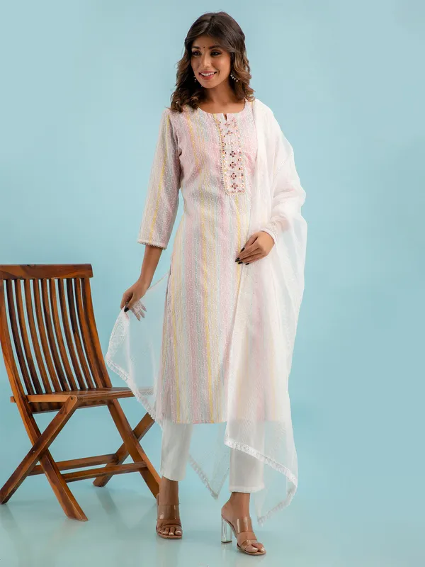 Pink and white cotton kurti set