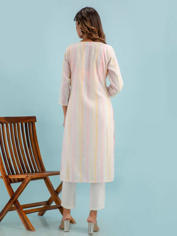 Pink and white cotton kurti set