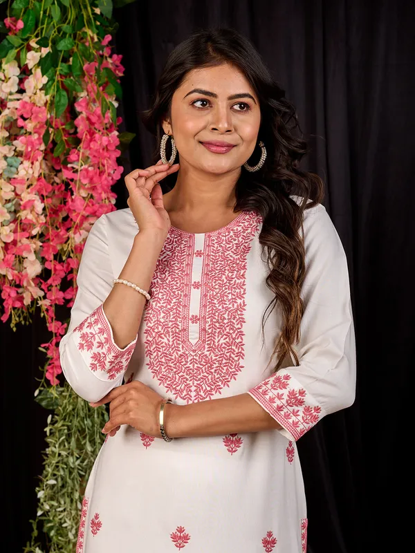 Pink and white cotton silk casual kurti
