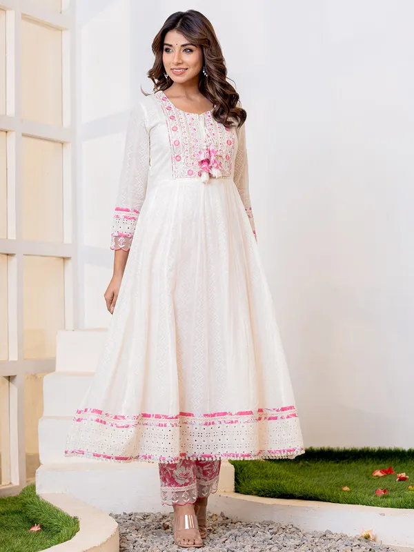 Pink and white kurti set with dupatta