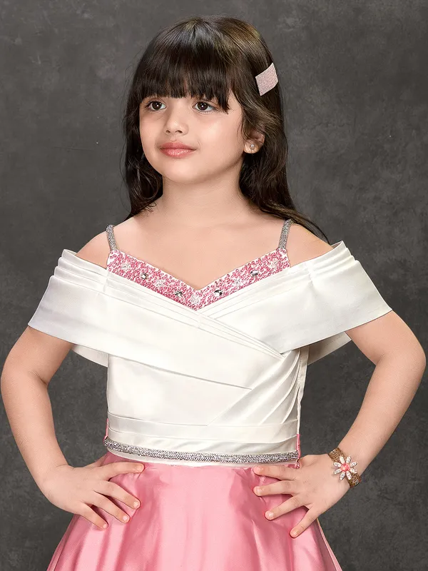 Pink and white satin silk beaded designer gown