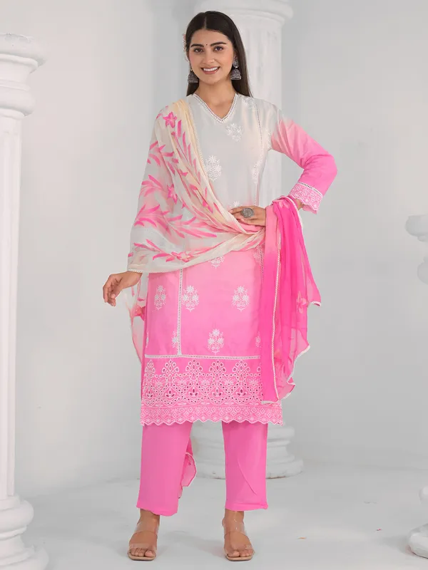 Pink and white women cotton silk kurti set