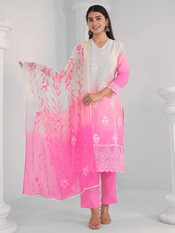 Pink and white women cotton silk kurti set