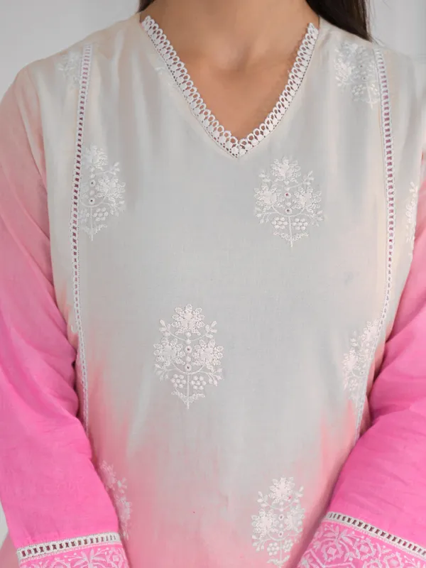 Pink and white women cotton silk kurti set