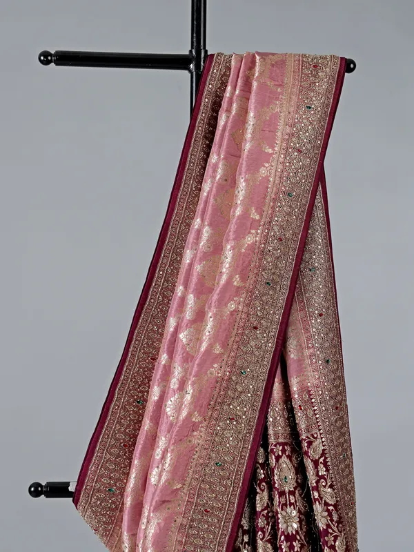 Pink and wine banarasi silk wedding saree