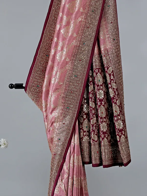 Pink and wine banarasi silk wedding saree