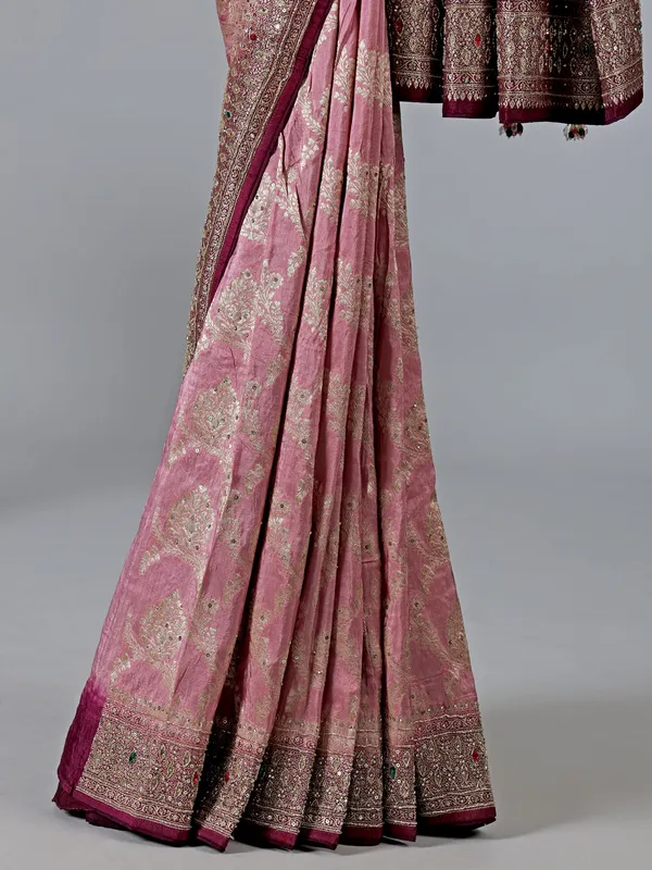 Pink and wine banarasi silk wedding saree