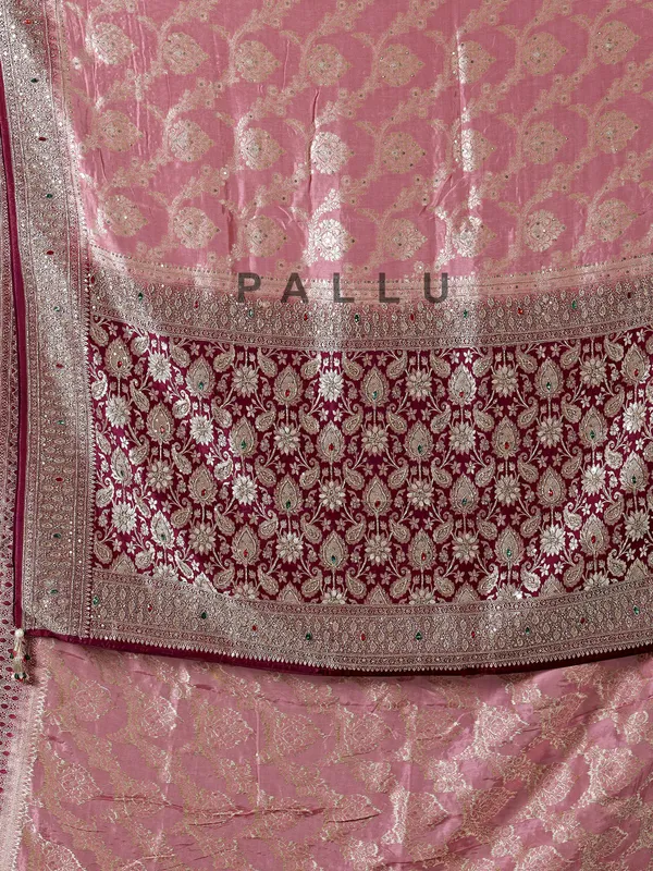 Pink and wine banarasi silk wedding saree