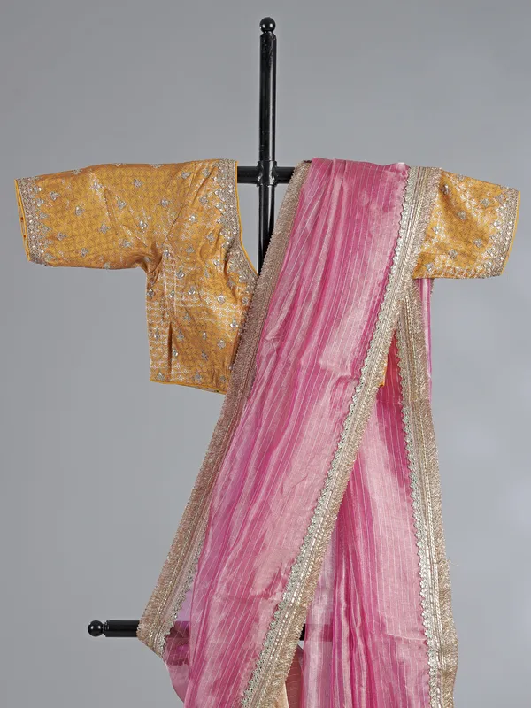 Pink and yellow organza wedding wear saree