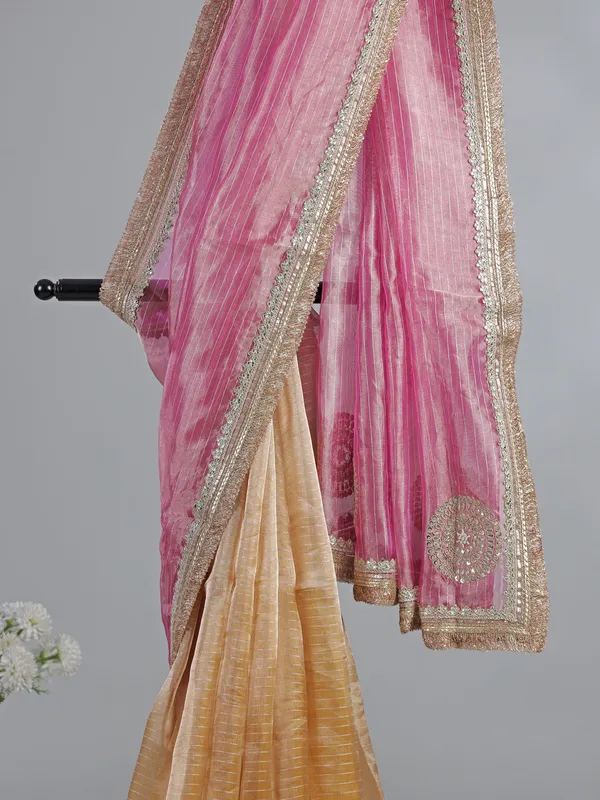 Pink and yellow organza wedding wear saree