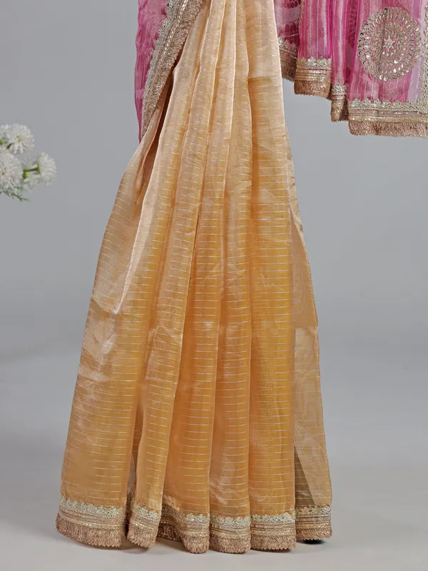 Pink and yellow organza wedding wear saree