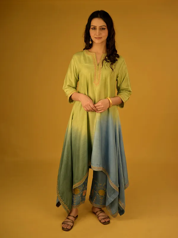 green and blue silk palazzo suit in shaded pattern