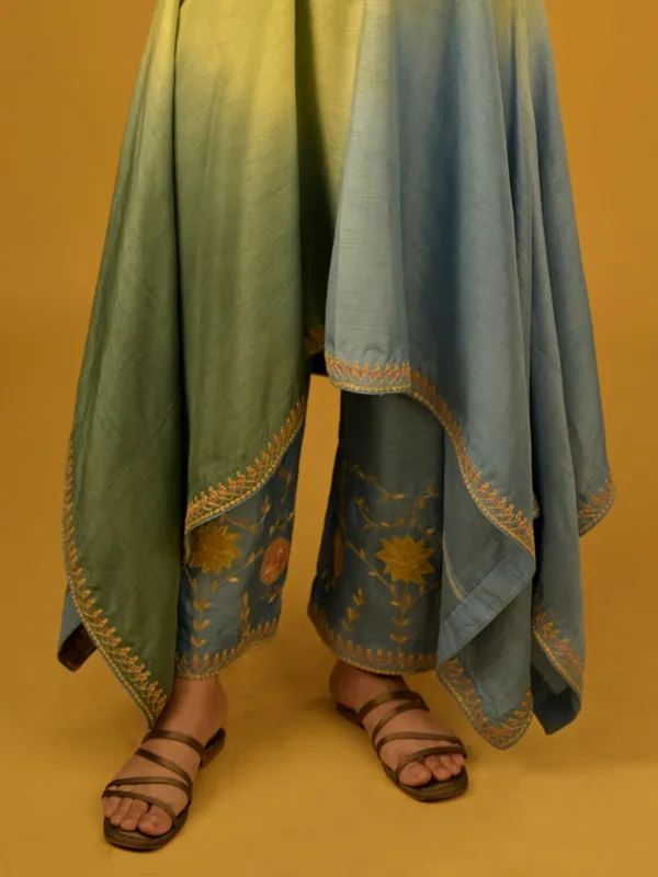 green and blue silk palazzo suit in shaded pattern