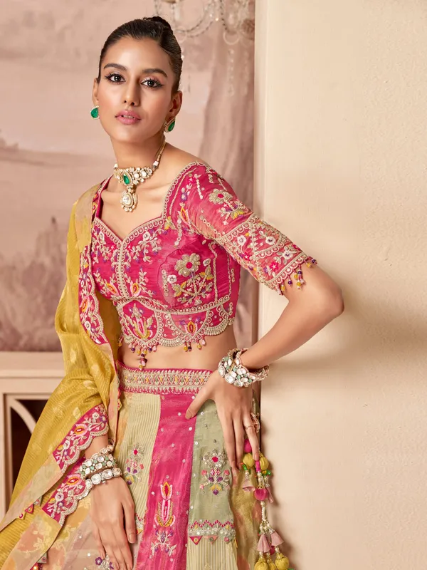 Pink and yellow unstitched lehenga choli