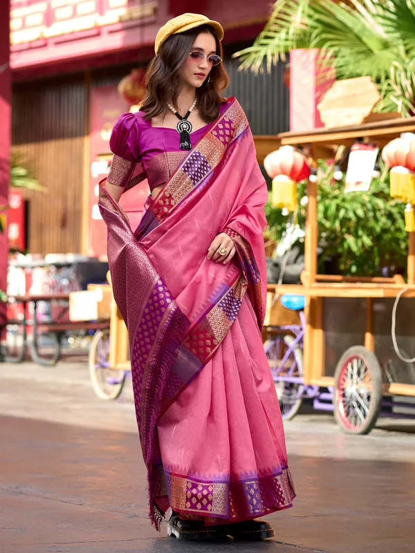 Pink banarasi silk saree for festive