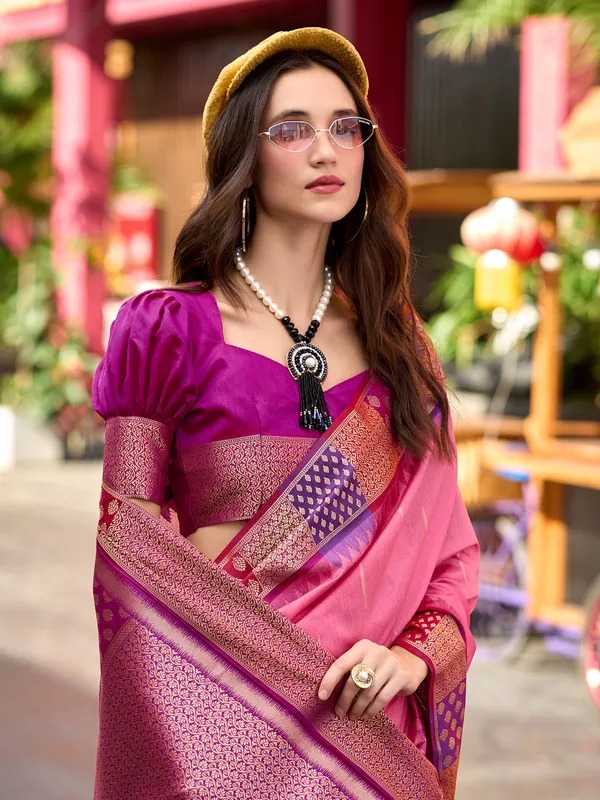 Pink banarasi silk saree for festive