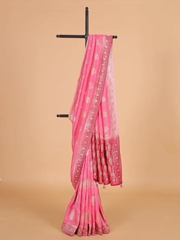 Pink banarasi silk saree with zari weaving