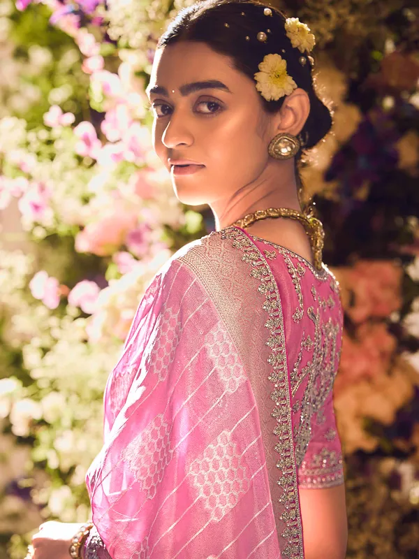 Pink banarasi tissue saree for wedding occasions