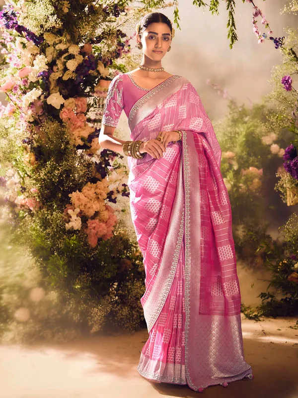 Pink banarasi tissue saree for wedding occasions