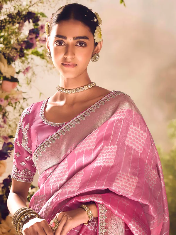Pink banarasi tissue saree for wedding occasions