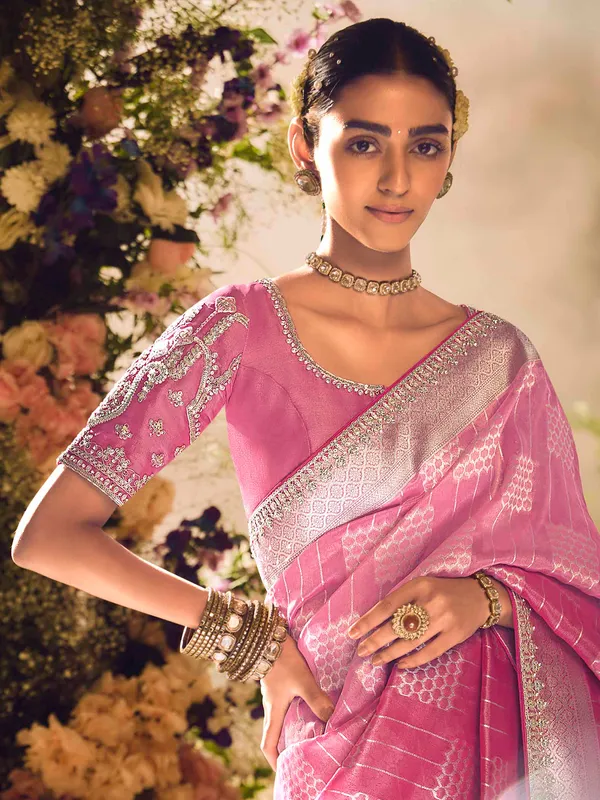 Pink banarasi tissue saree for wedding occasions