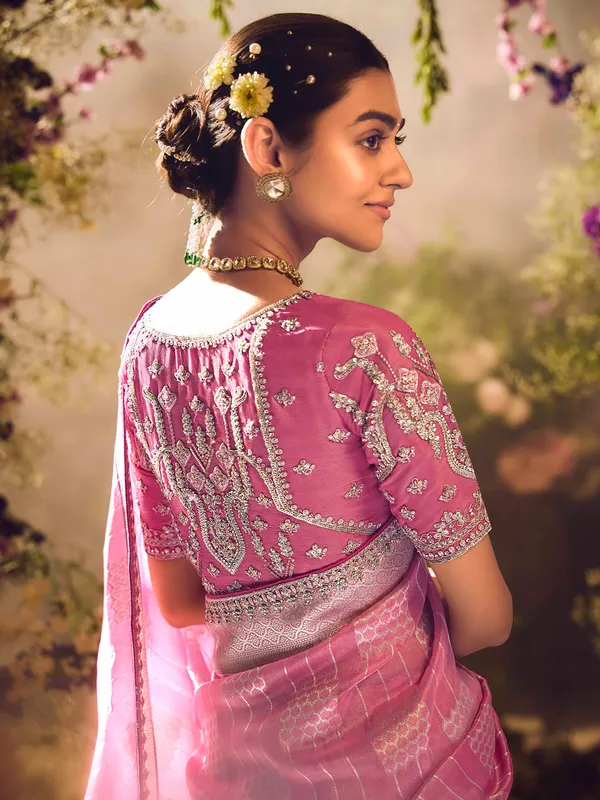 Pink banarasi tissue saree for wedding occasions
