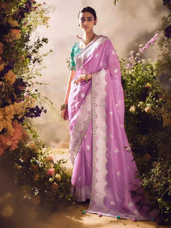 Pink banarasi tissue saree with zari zardosi embellishments