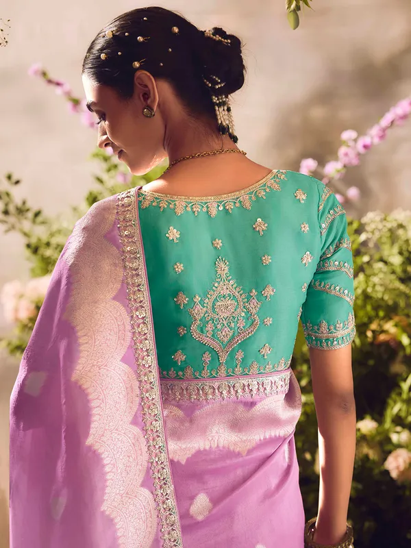 Pink banarasi tissue saree with zari zardosi embellishments