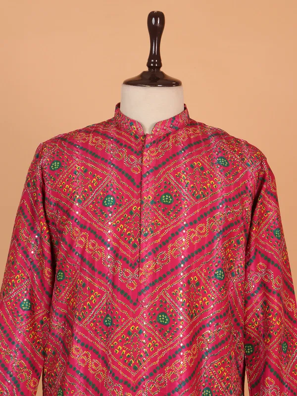 Pink bandhani printed kurta suit in cotton