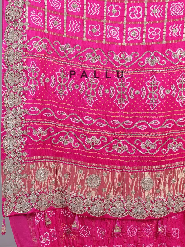 Pink bandhani saree with zardosi detailing