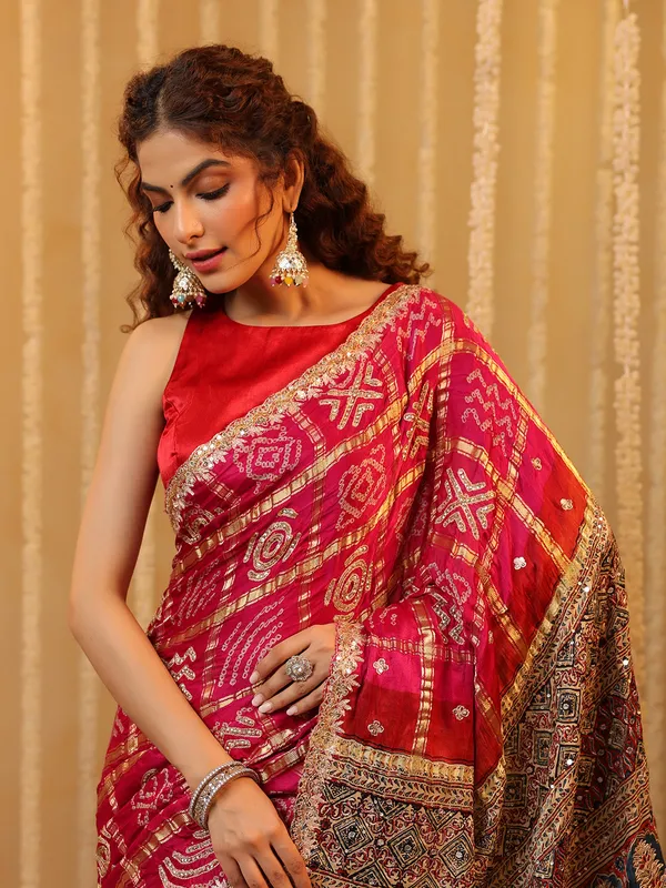 Pink bandhej silk saree for women wedding wear