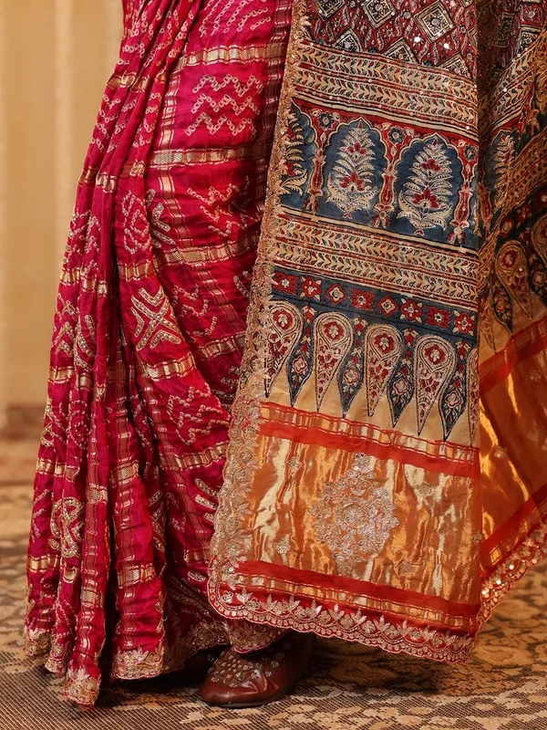 Pink bandhej silk saree for women wedding wear