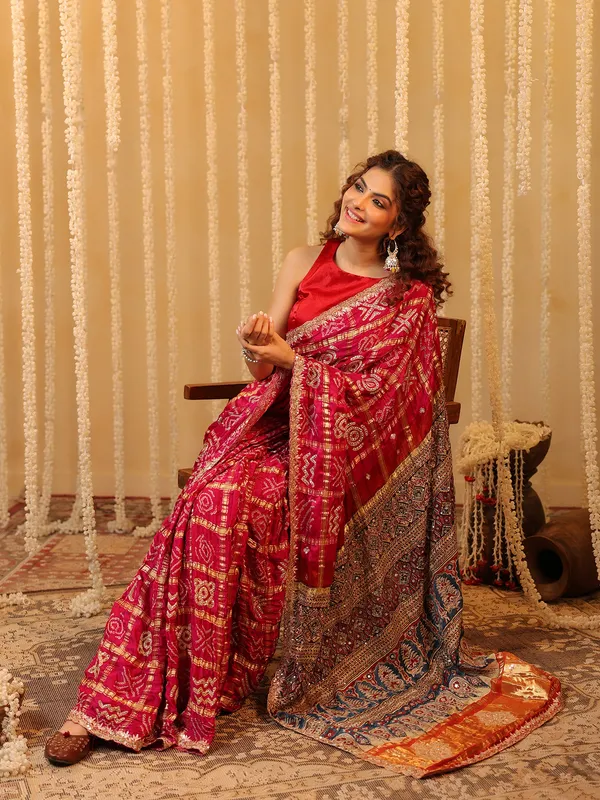 Pink bandhej silk saree for women wedding wear
