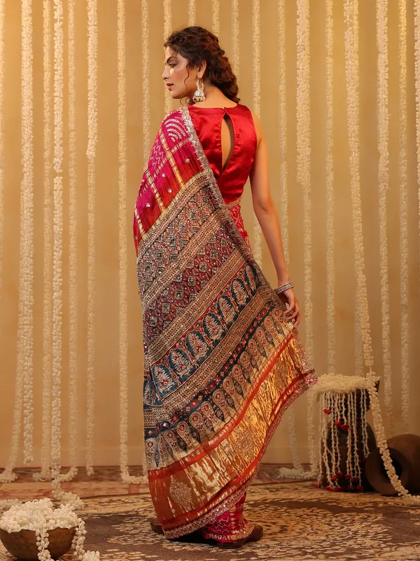 Pink bandhej silk saree for women wedding wear