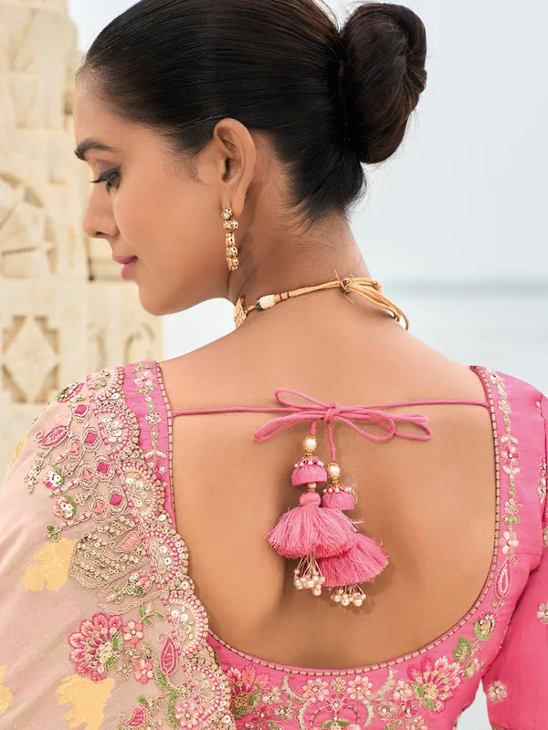 Pink beige printed tissue silk saree design
