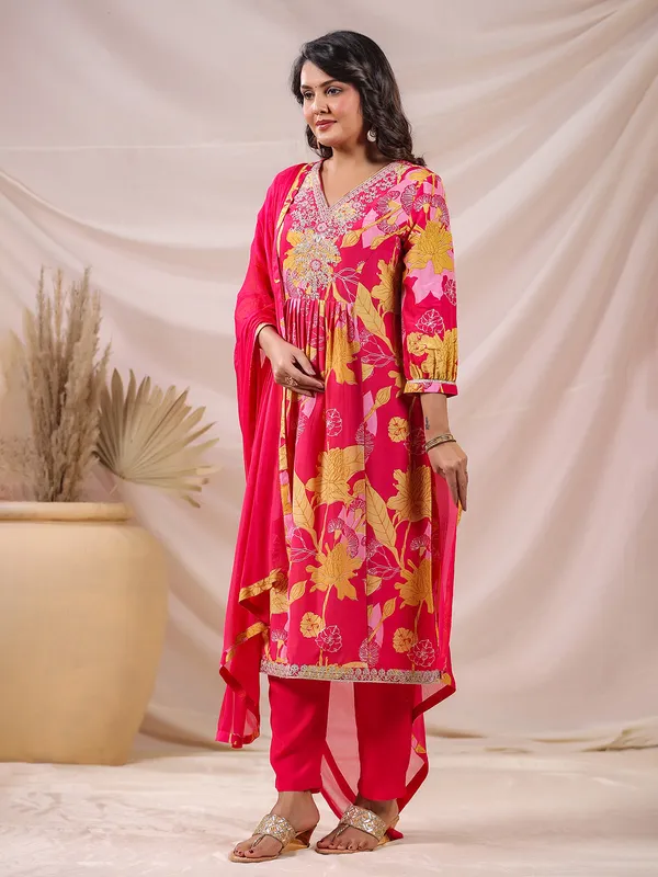 Pink bloom straight fit kurti with dupatta