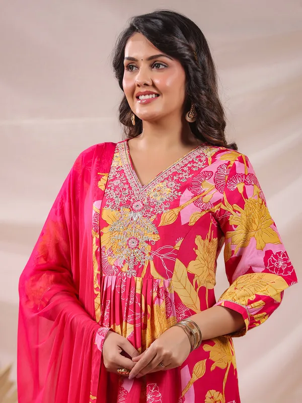 Pink bloom straight fit kurti with dupatta