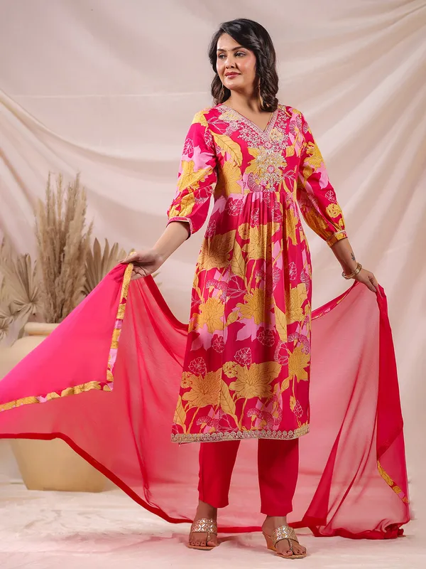 Pink bloom straight fit kurti with dupatta