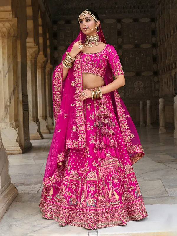 Pink bridal silk lehenga choli with sequins and resham shine