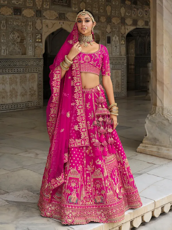 Pink bridal silk lehenga choli with sequins and resham shine