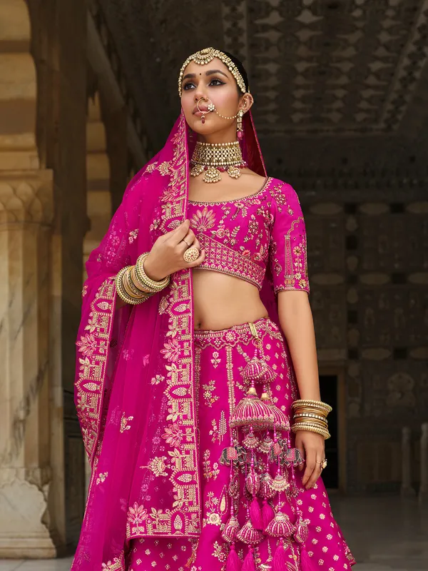 Pink bridal silk lehenga choli with sequins and resham shine