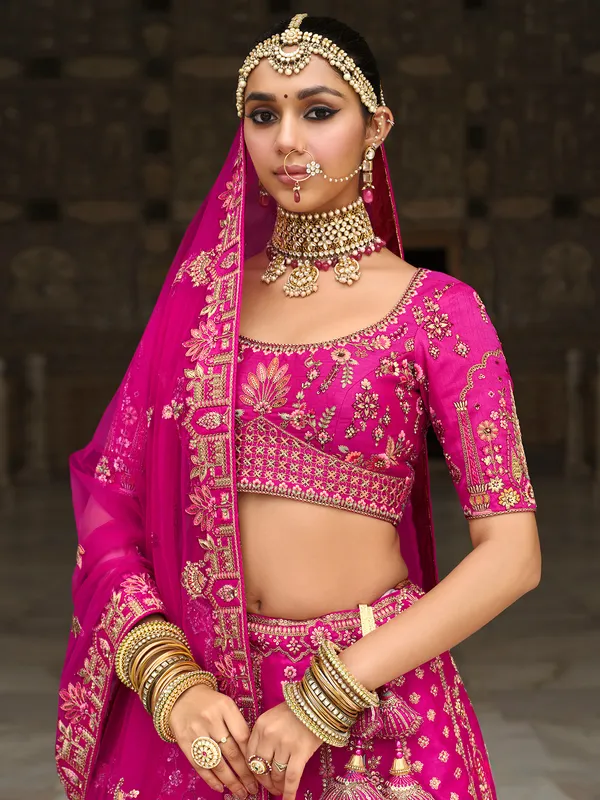 Pink bridal silk lehenga choli with sequins and resham shine