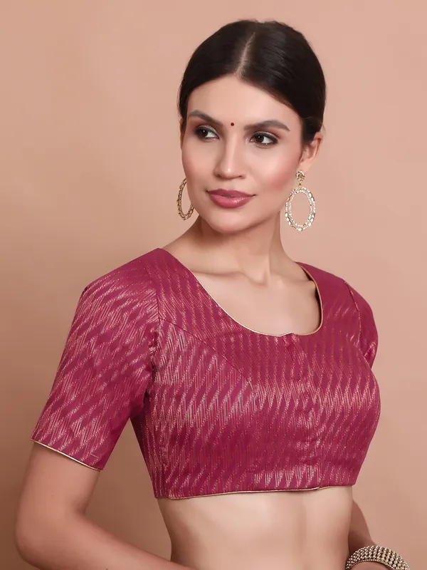 Pink brocade round neck ready made blouse
