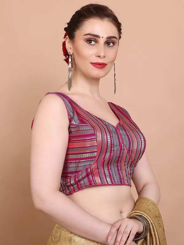 Pink brocade sleeveless ready made alterable blouse