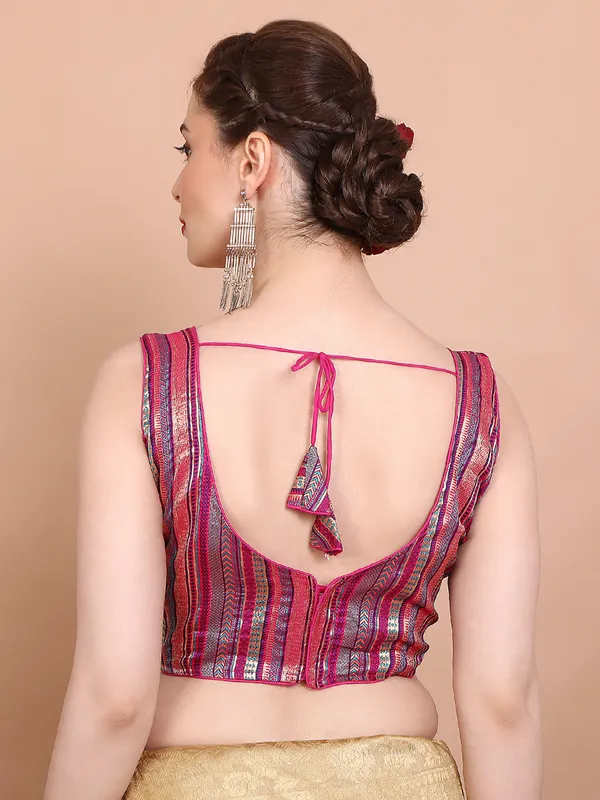 Pink brocade sleeveless ready made alterable blouse