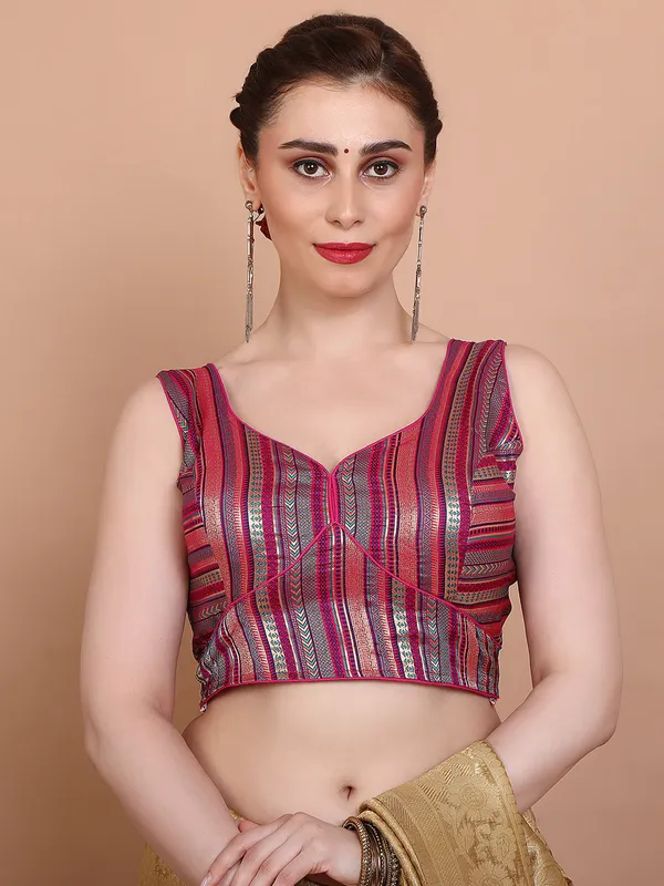 Pink brocade sleeveless ready made alterable blouse
