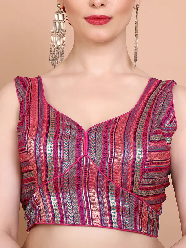Pink brocade sleeveless ready made alterable blouse