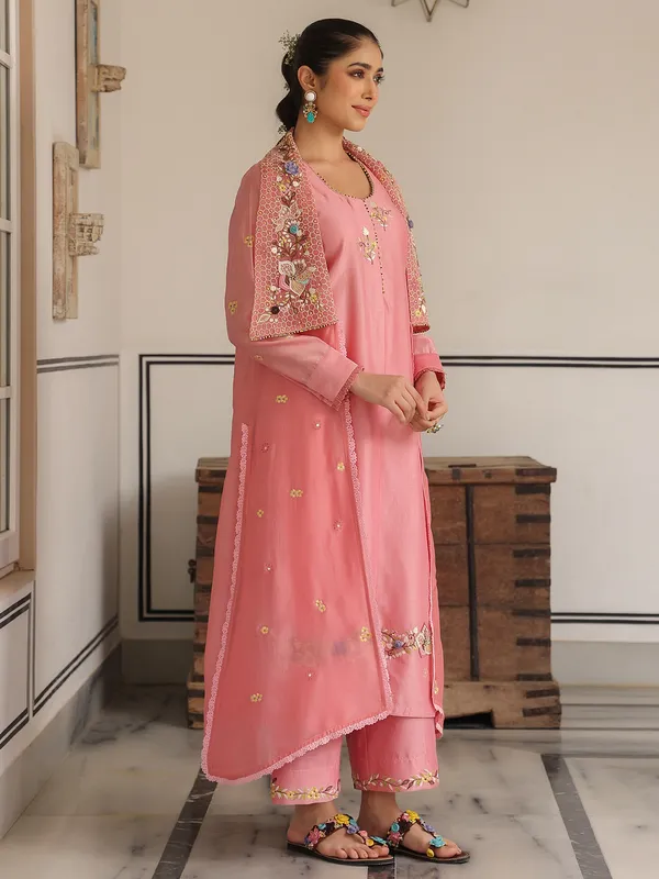 Pink chanderi silk jacket style kurti set
